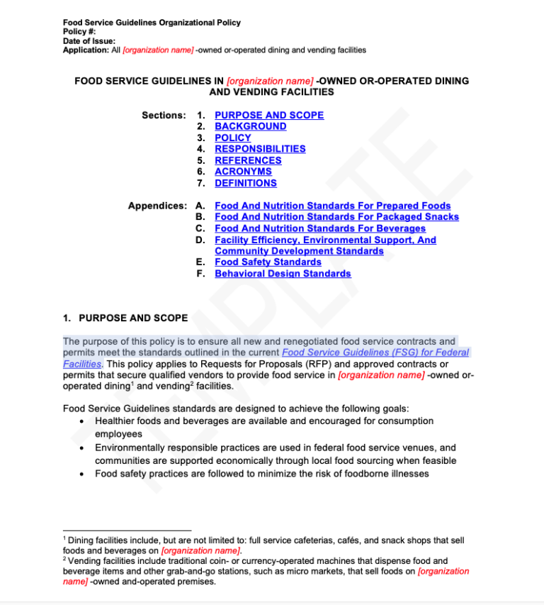 Food Service Guidelines Organizational Policy Template Resolve to Food Service Guidelines Organizational Policy Template Resolve to