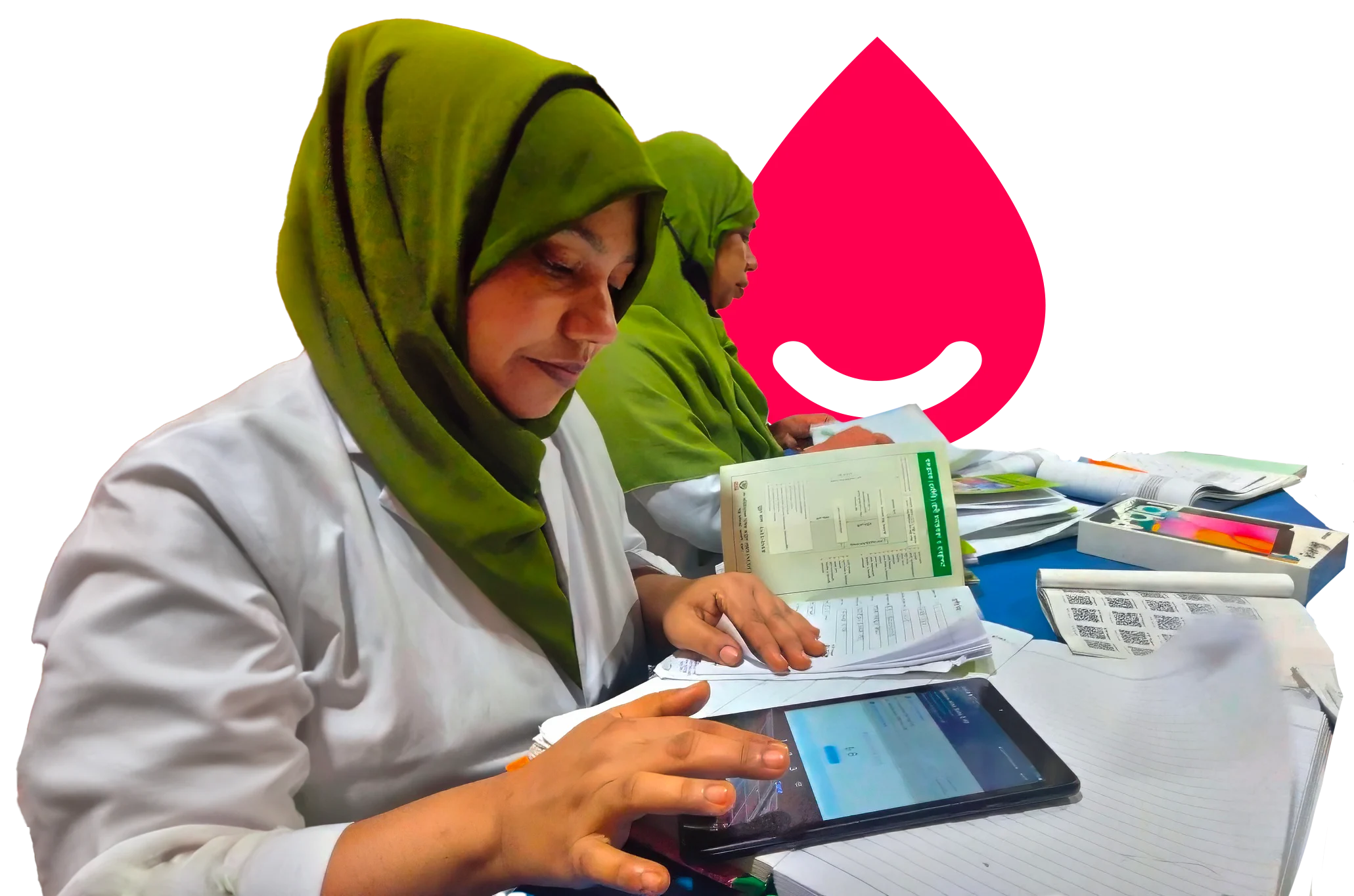 A montage of two health care workers recording blood pressure results on the Simple app, with the red blood drop logo for Simple in the background