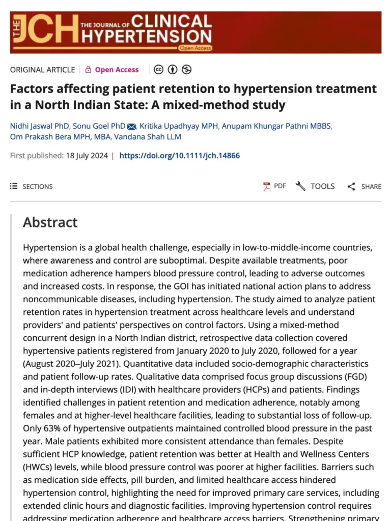 Factors affecting patient retention to hypertension treatment in a North Indian State: A mixed-method study