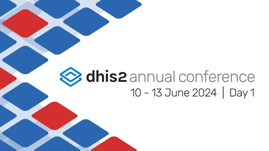 dhis2 annual conference graphic with blue and red square on the left side and white background in the middle and on the right.