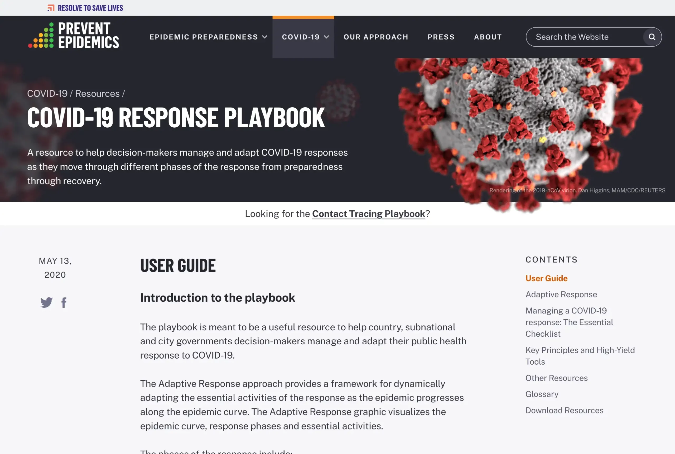 A screenshot of the COVID Response Playbook from the Prevent Epidemics website