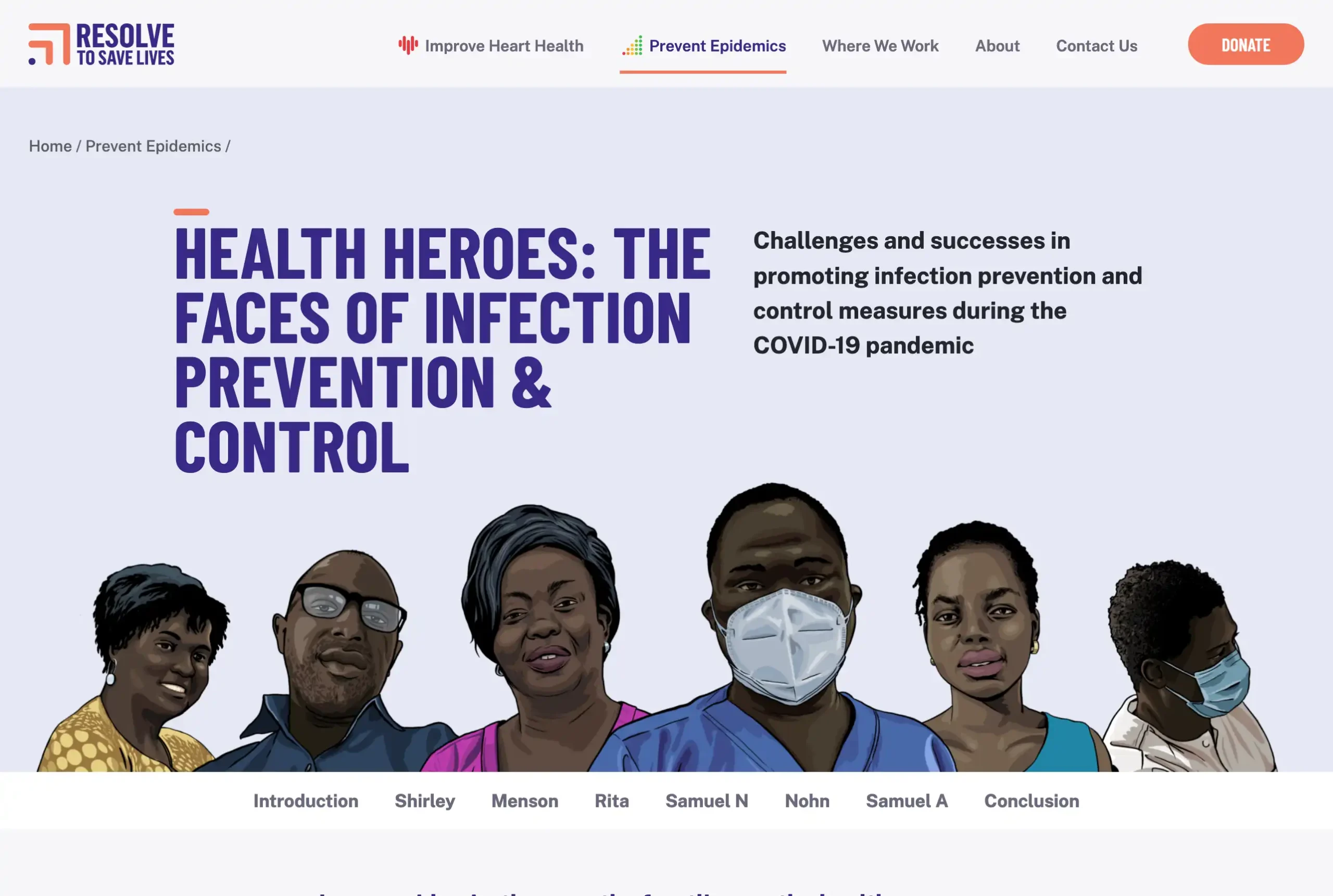 A screenshot of the Health Heroes page, showing illustrated portraits of six health care workers