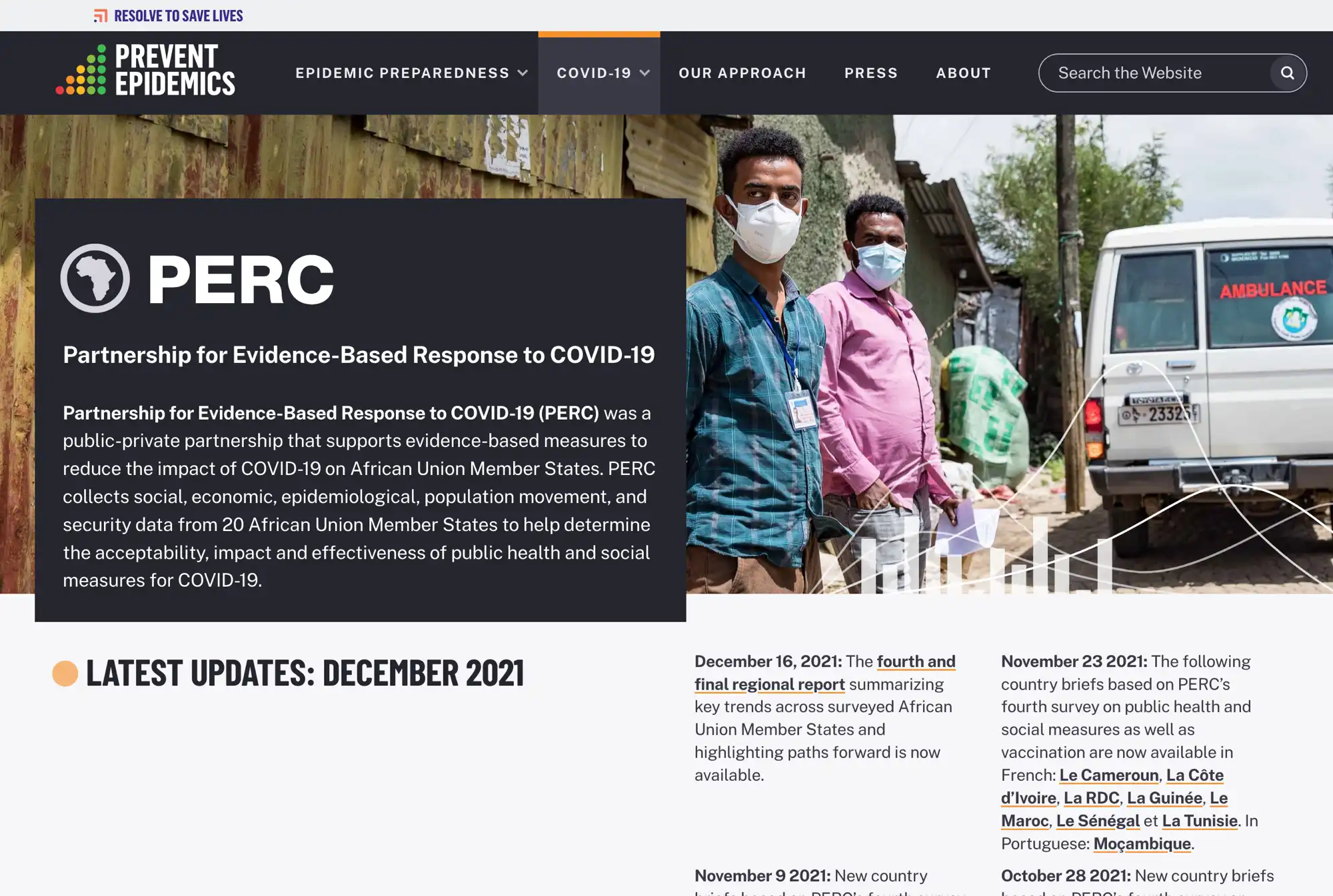 A screenshot of the PERC page from the Prevent Epidemics site