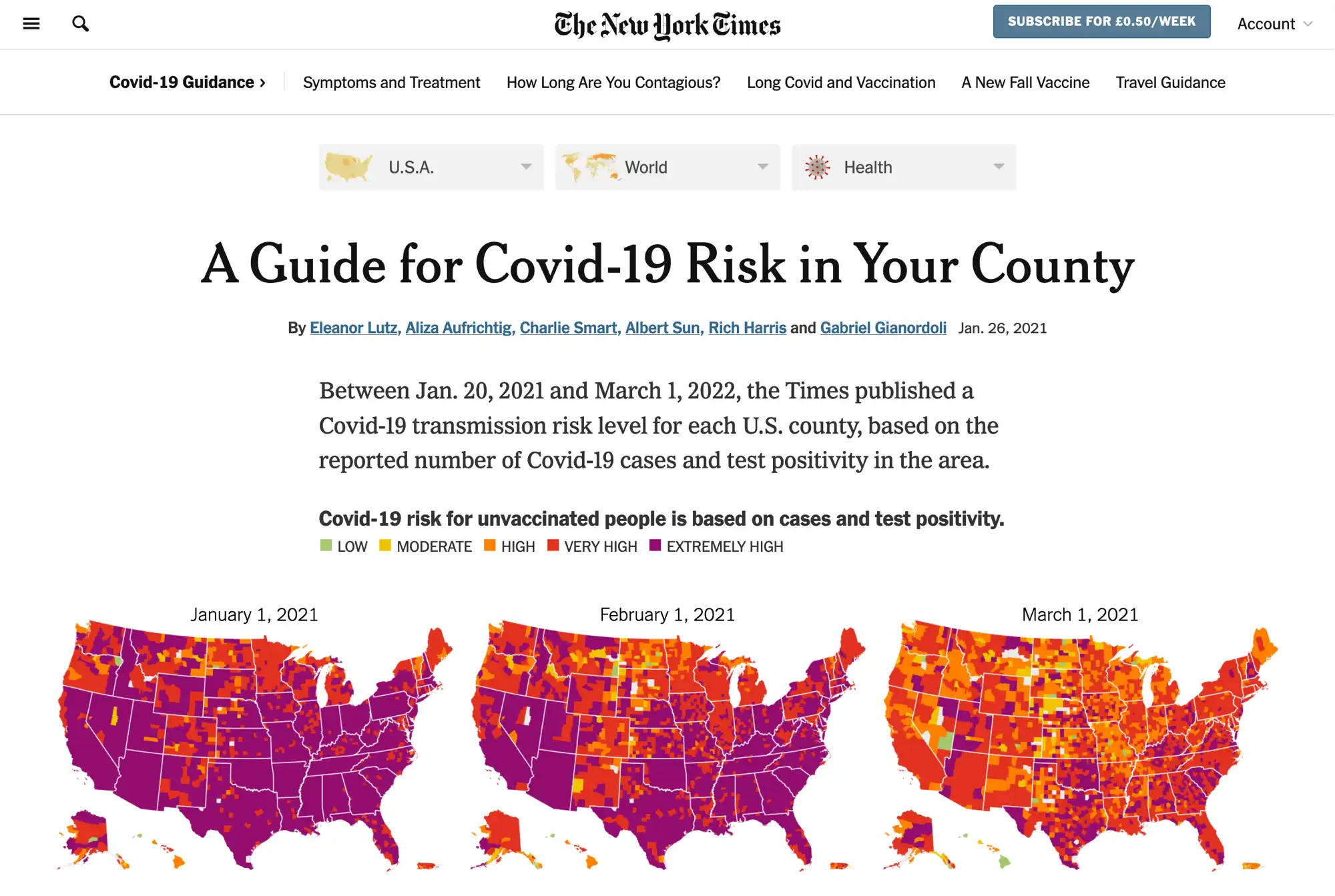 A screenshot of the Map feature in the New York Times showing COVID risk