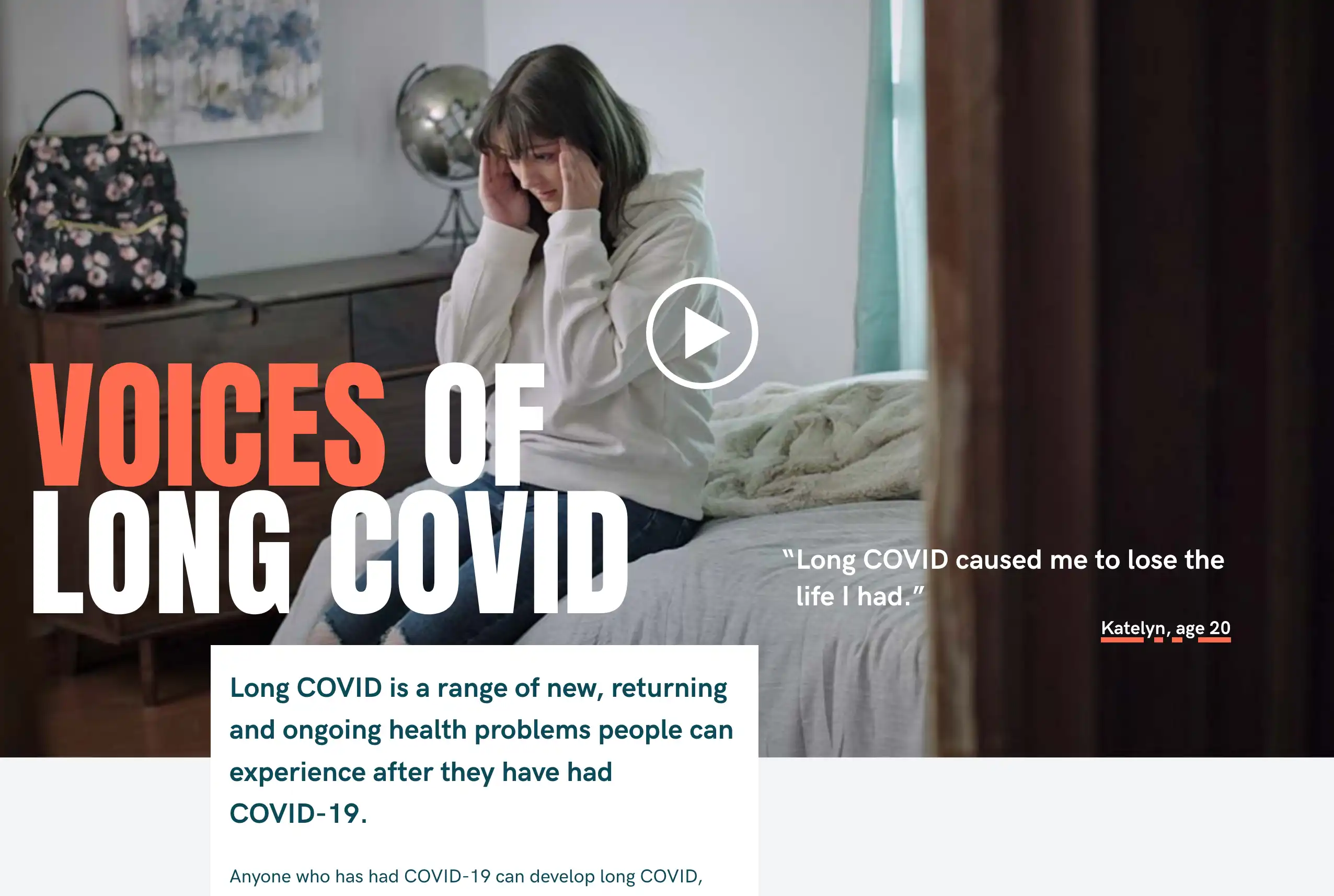 Screenshot of the Voices of Long Covid site, showing a girl sitting on a bed with her hands clasping her head