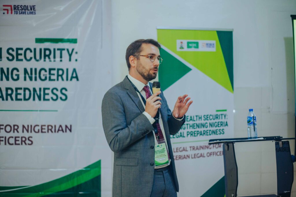 Cédric Aperce, Senior Legal Advisor at Resolve to Save Lives, delivers a session on the role of law in health security.