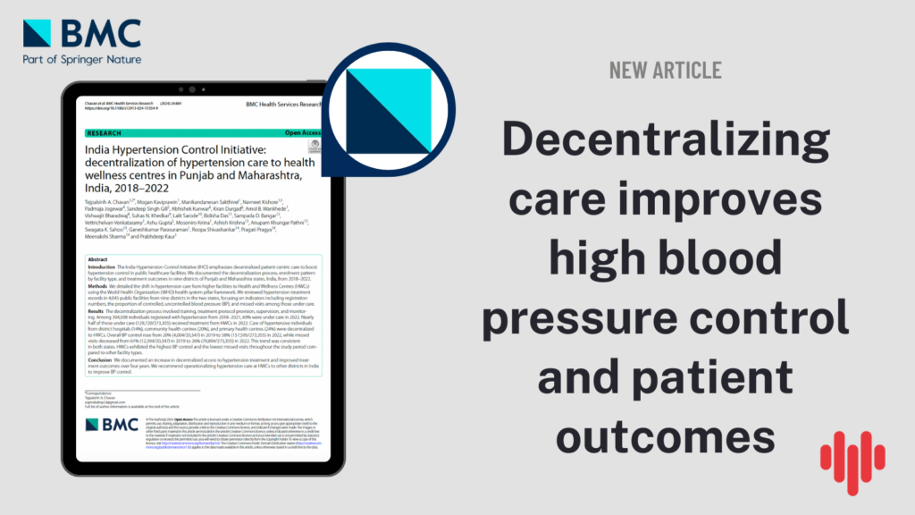 graphic template with screenshot of article and title "decentralizing care improves high blood pressure control and patient outcomes" with RTSL cardiovascular health heart logo and BMC publication logo.