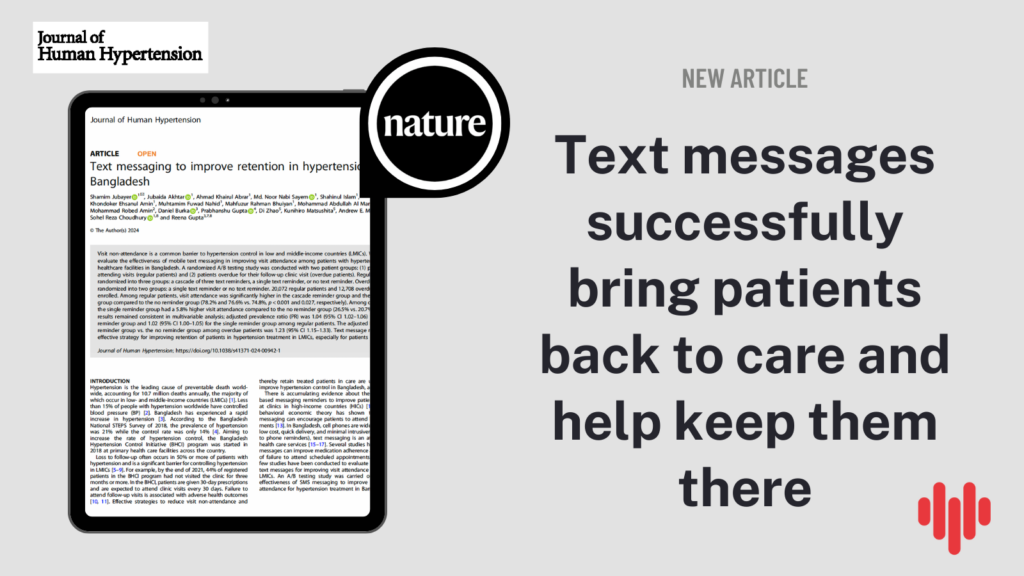 graphic template with screenshot of article and title "Text messages successfully bring patients back to care and help keep them there" with RTSL cardiovascular health heart logo and Journal of Human Hypertension publication logo.