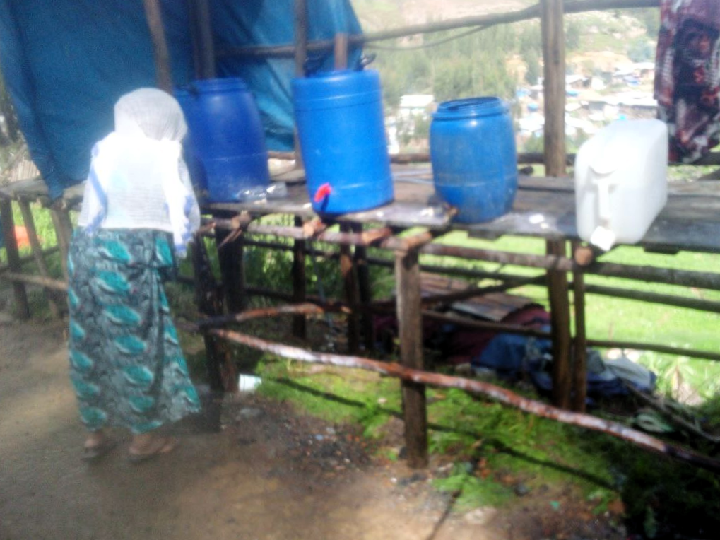 Hand washing facility prepared by mobile health and nutrition teams at Tsadkane Mariam Monastery. Image credit: Hanna Mekonnen, Ethiopian Public Health Institute.