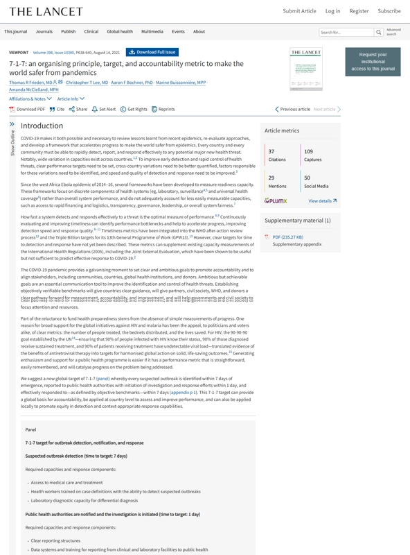 7-1-7: an organising principle, target, and accountability metric to make the world safer from pandemics