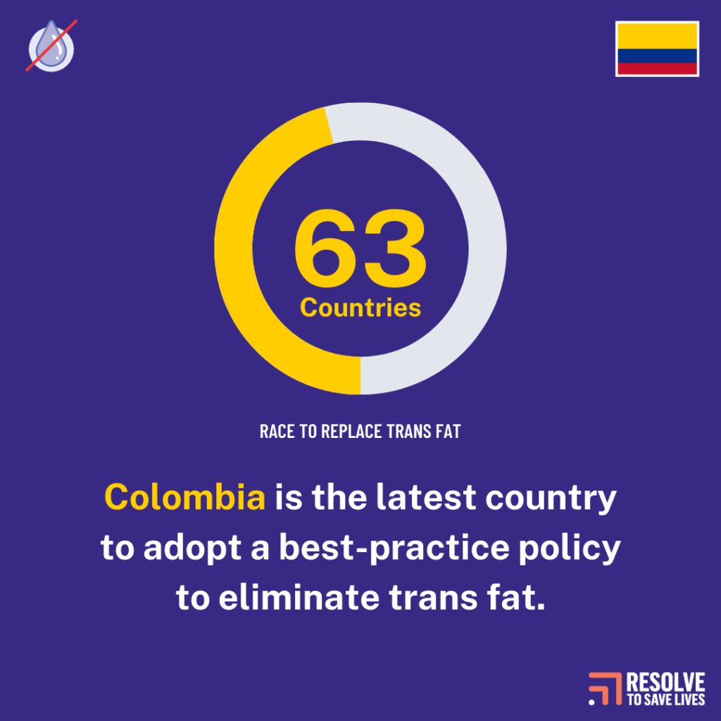 graphic with Colombian flag and large yellow 63 in center; text states Colombia is latest country to adopt a best-practice policy to eliminate trans fat