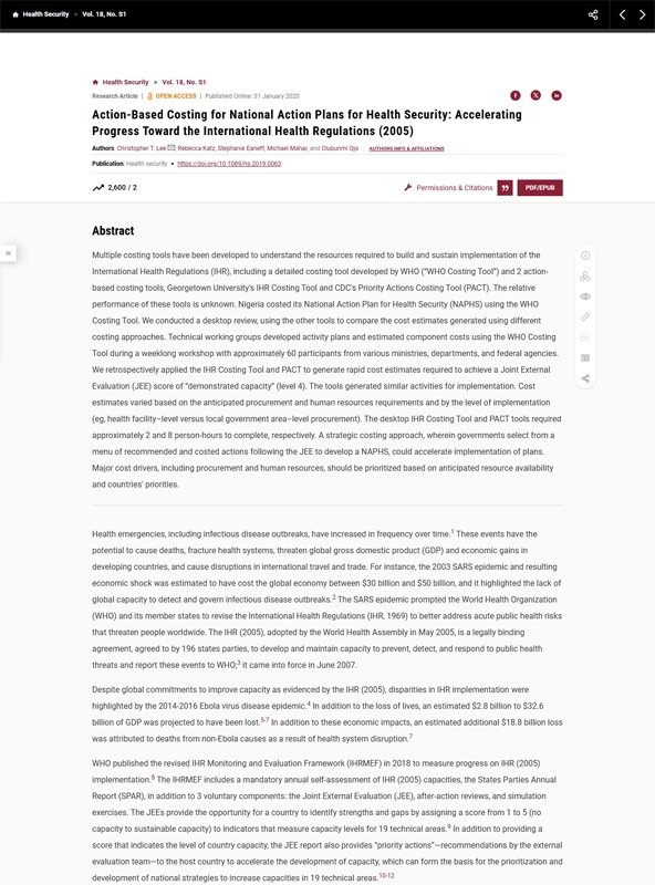 Action-based costing for national action plans for health security: accelerating progress toward the International Health Regulations (2005)