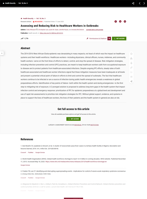 Assessing and reducing risk to health care workers in outbreaks