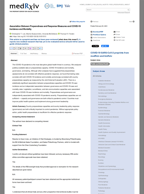 Association Between Preparedness and Response Measures and COVID-19 Incidence and Mortality