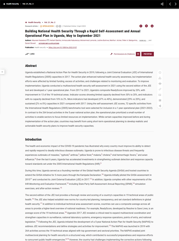 Building National Health Security Through a Rapid Self-Assessment and Annual Operational Plan in Uganda, May to September 2021