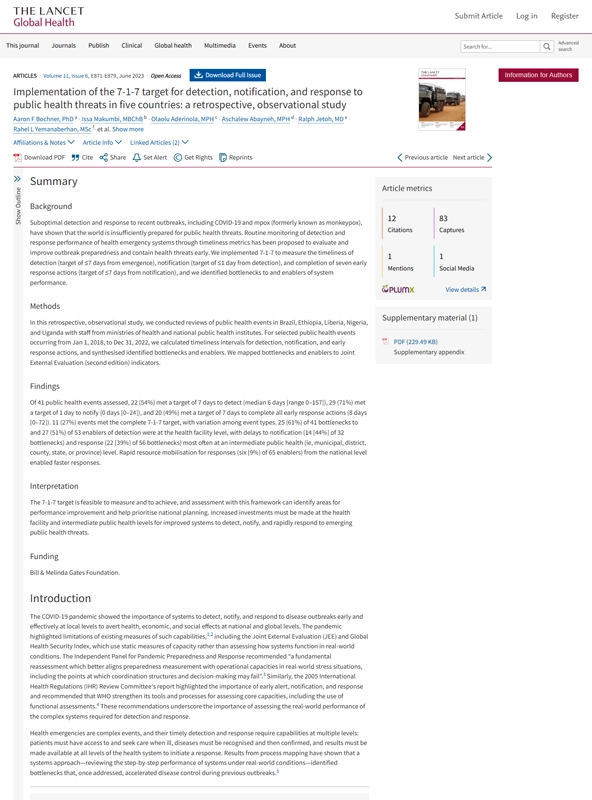 Implementation of the 7-1-7 target for detection, notification, and response to public health threats in five countries: a retrospective, observational study