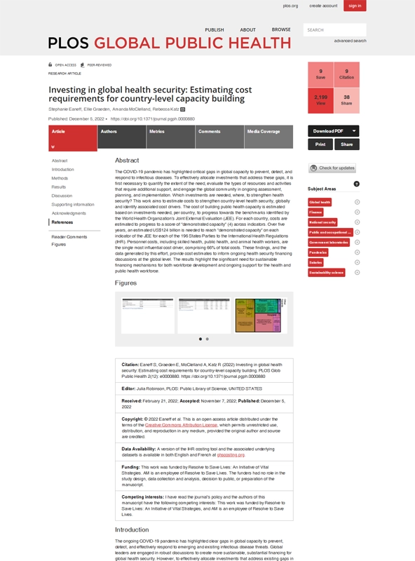 Investing in global health security: Estimating cost requirements for country-level capacity building