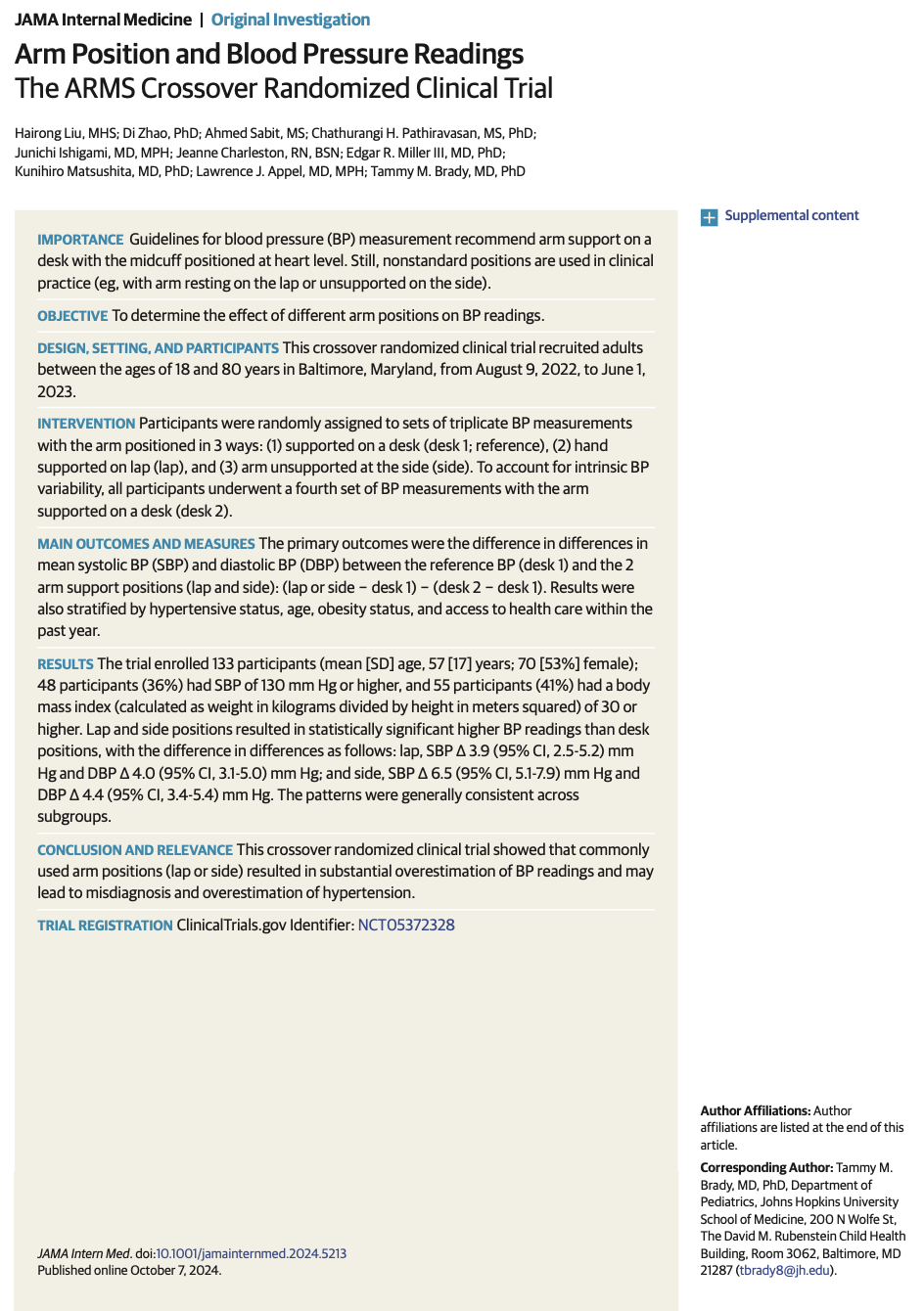 front page of JAMA article on blood pressure positioning