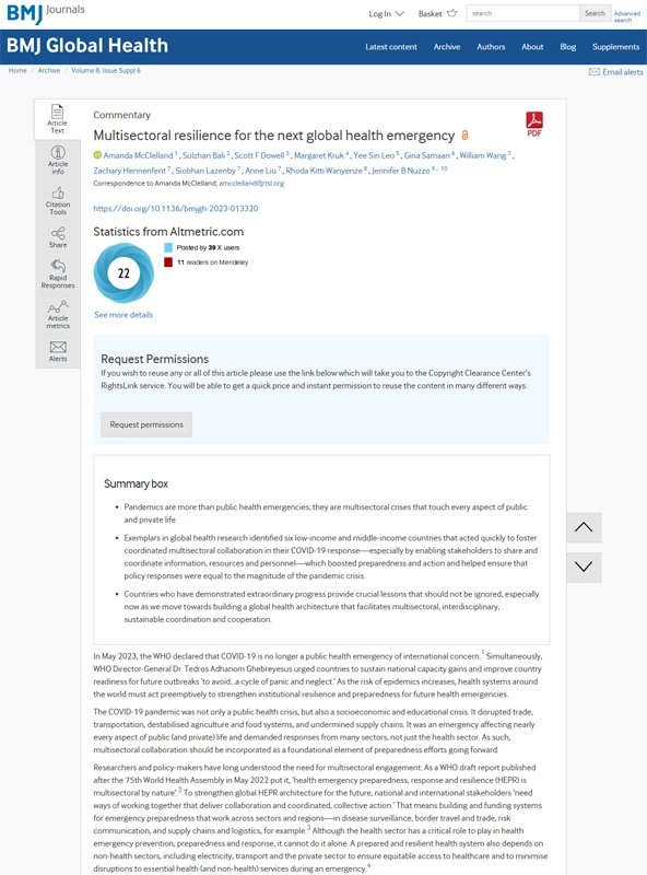 Multisectoral resilience for the next global health emergency