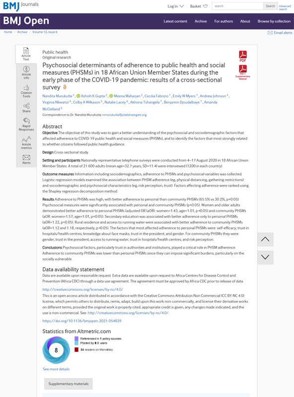 Psychosocial determinants of adherence to public health and social measures (PHSMs) in 18 African Union Member States during the early phase of the COVID-19 pandemic: results of a cross-sectional survey