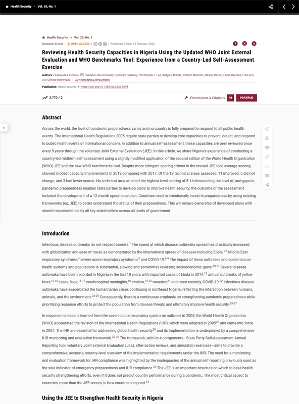 Reviewing Health Security Capacities in Nigeria Using the Updated WHO Joint External Evaluation and WHO Benchmarks Tool: Experience from a Country-Led Self-Assessment Exercise