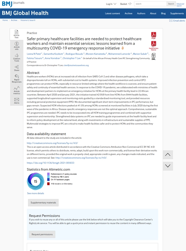 Safer primary healthcare facilities are needed to protect healthcare workers and maintain essential services: lessons learned from a multicountry COVID-19 emergency response initiative