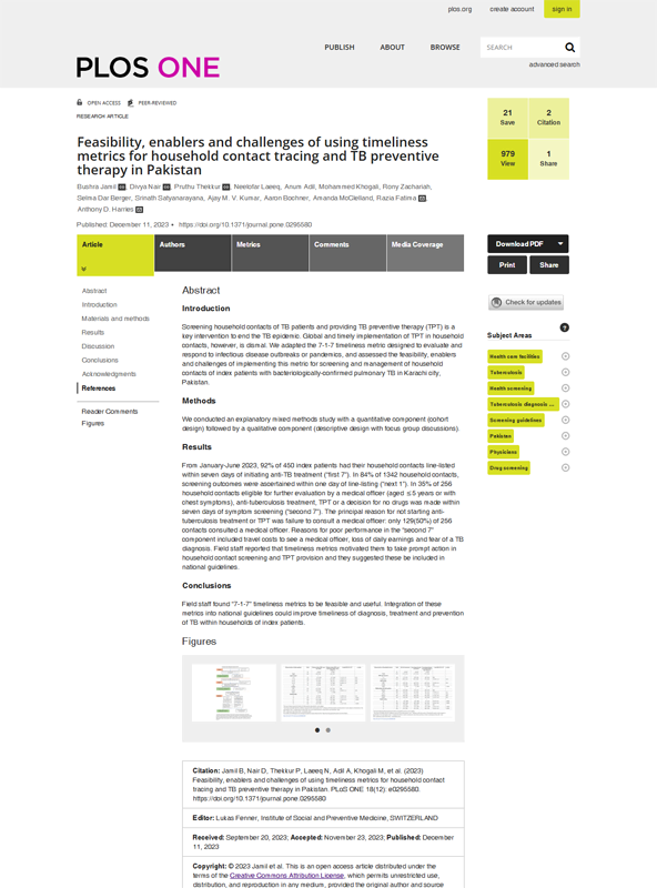 Feasibility, enablers and challenges of using timeliness metrics for household contact tracing and TB preventive therapy in Pakistan