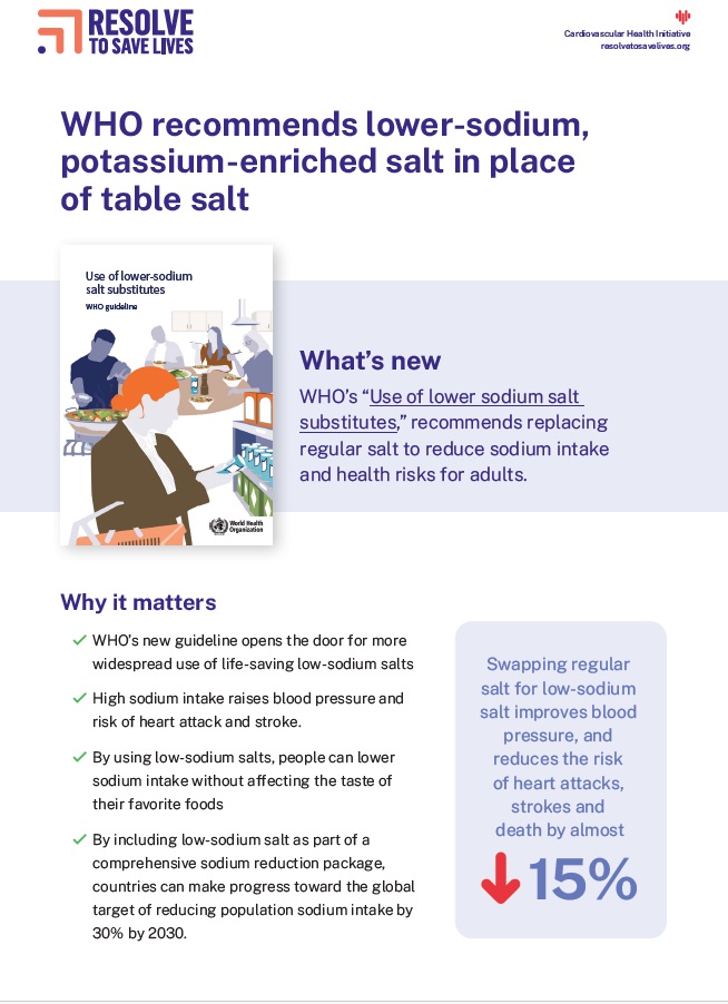 Screen shot of cover of Resolve to Save Live's infographic summarizing the World Health Organization's Guideline for the Use of Low-Sodium salt alternatives