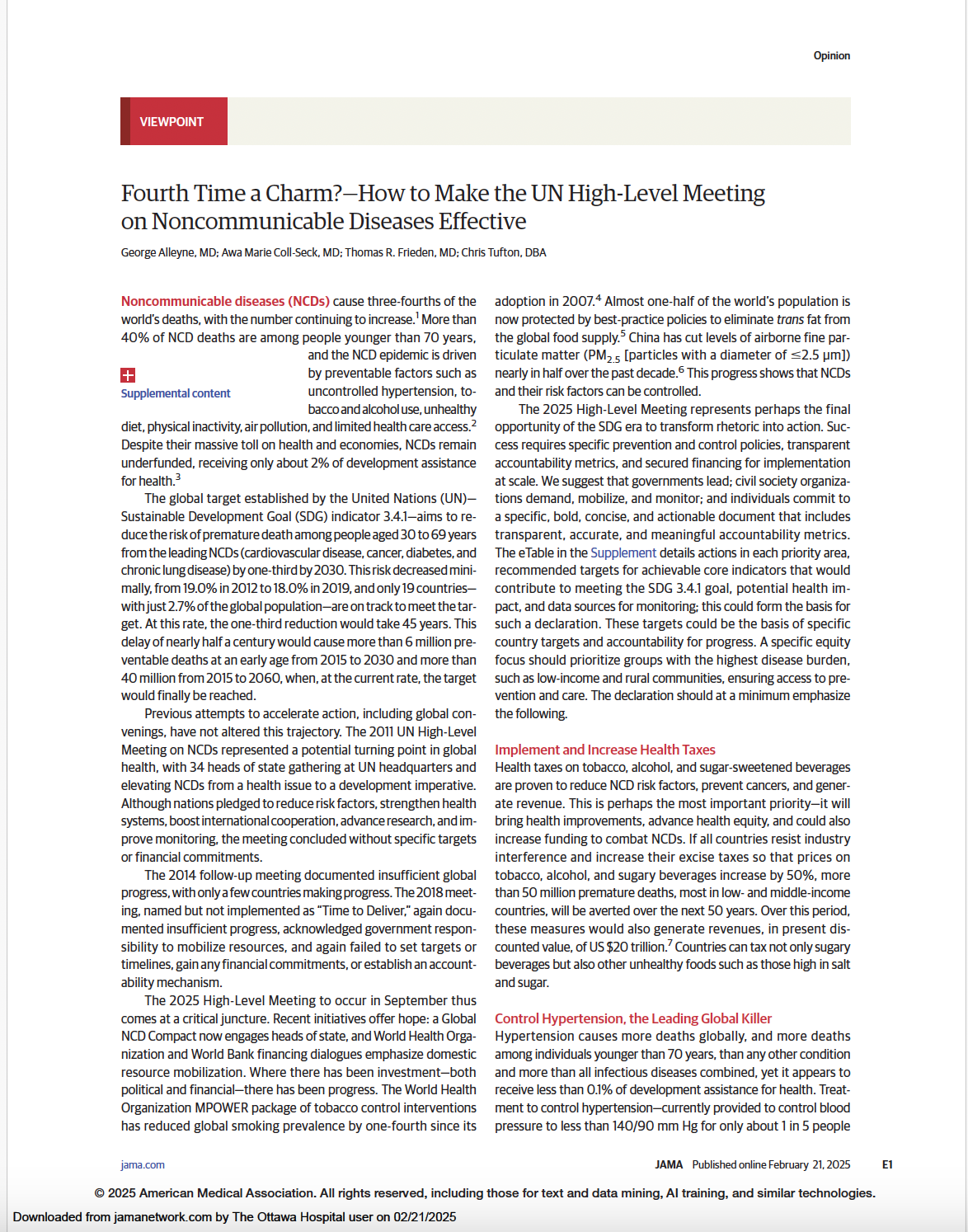 COVER: Fourth Time a Charm?—Howto Make the UN High-LevelMeeting on Noncommunicable Diseases Effective George Alleyne, MD; Awa Marie Coll-Seck, MD; Thomas R. Frieden, MD; Chris Tufton, DBA