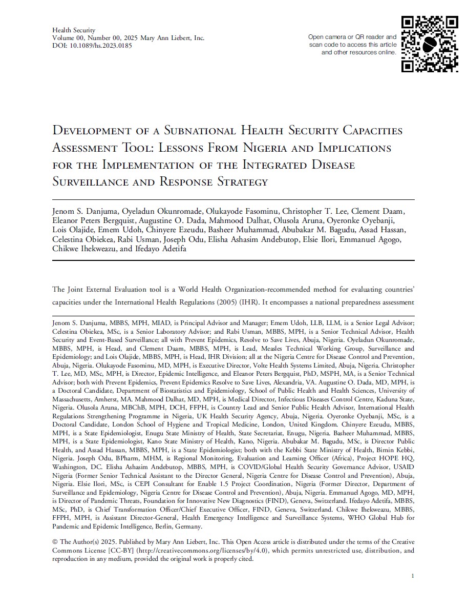 Development of a Subnational Health Security Capacities Assessment Tool: Lessons From Nigeria and Implications for the Implementation of the Integrated Disease Surveillance and Response Strategy