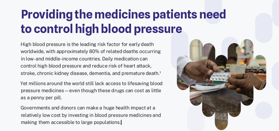 Cover image for RTSL advocacy one pager on access to medicines for hypertension by RTSL