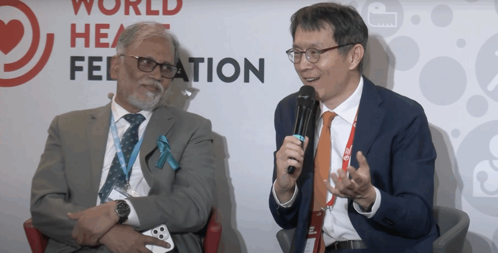 two speakers at the world heart federation and resolve to save lives side event on access to high blood pressure medications for hypertension at the World Health Assembly 2025