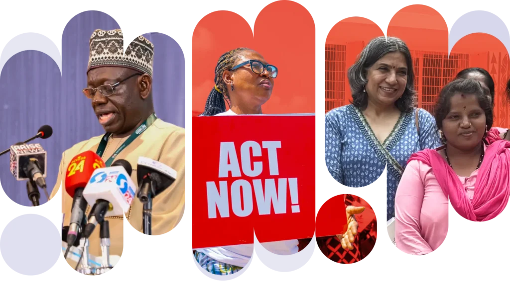 A collage of an african man speaking at a lectern, an African lady holding a protest sign saying 'Act Now!' and two Asian smiling ladies