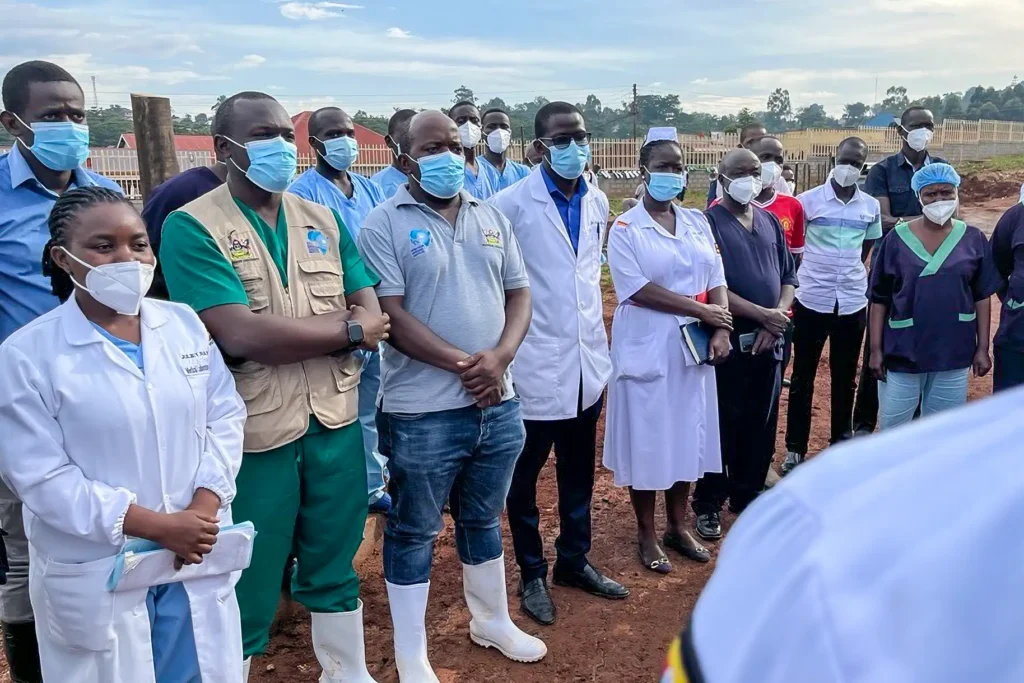 Health workers being briefed at Mubende isolation facility