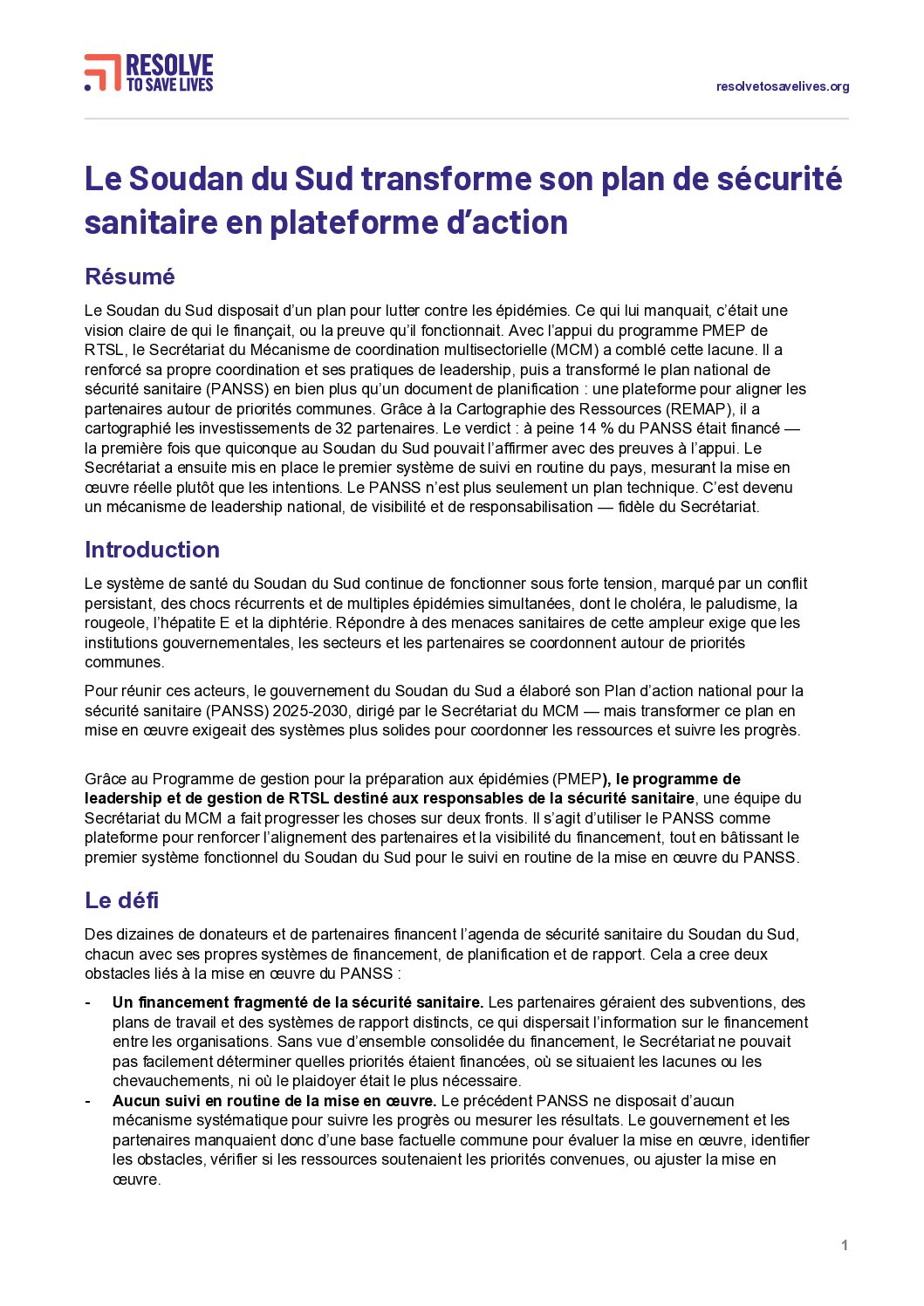 Le Soudan du Sud transforme son plan de sécurité sanitaire en une plateforme d’action