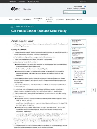 ACT Public School Food and Drink Policy