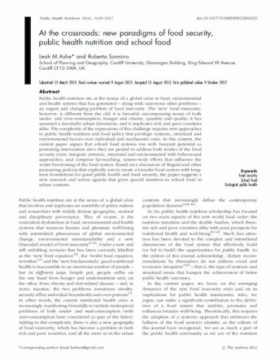 At the crossroads: new paradigms of food security, public health nutrition and school food
