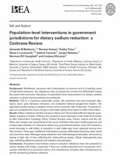Population-level interventions in government jurisdictions for dietary sodium reduction: a Cochrane Review