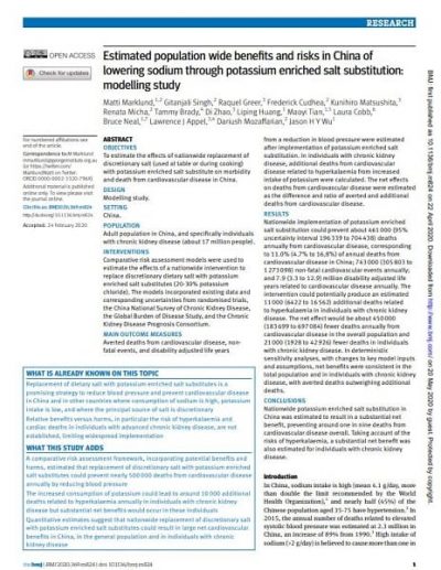 Estimated Population Wide Benefits and Risks in China of Lowering Sodium Through Potassium Enriched Salt Substitution: Modelling Study