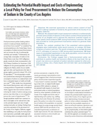 Estimating the Potential Health Impact and Costs of Implementing a Local Policy for Food Procurement to Reduce the Consumption of Sodium in the County of Los Angeles