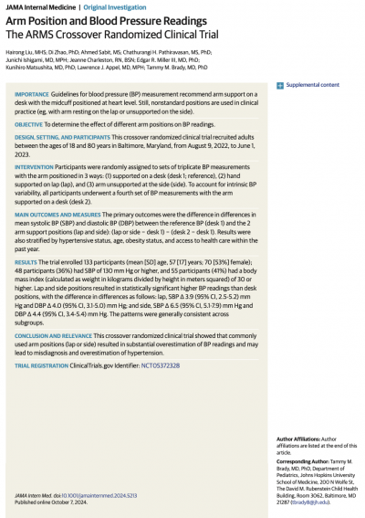 front page of JAMA article on blood pressure positioning