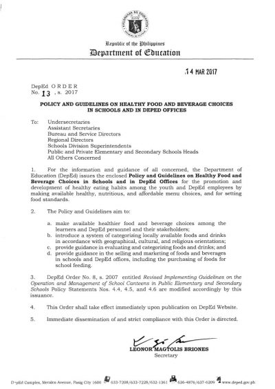 Policy and Guidelines on Healthy Food and Beverage Choices in Schools and in DepEd Offices