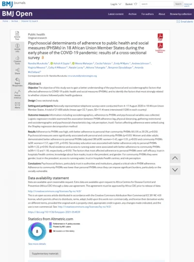 Psychosocial determinants of adherence to public health and social measures (PHSMs) in 18 African Union Member States during the early phase of the COVID-19 pandemic: results of a cross-sectional survey