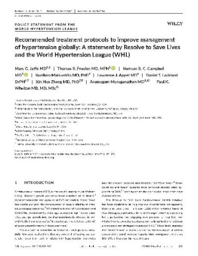 Journal article: "Recommended treatment protocols to improve management of hypertension globally"