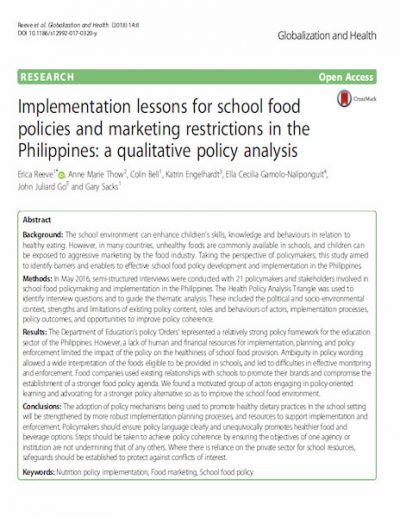 Implementation lessons for school food policies and marketing restrictions in the Philippines: a qualitative policy analysis.