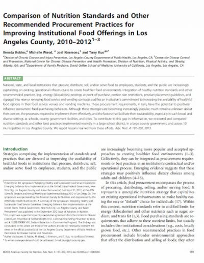 Comparison of Nutrition Standards and Other Recommended Procurement Practices for Improving Institutional Food Offerings in Los Angeles County, 2010–2012.