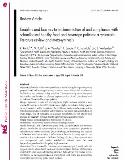 Enablers and barriers to implementation of and compliance with school-based healthy food and beverage policies: a systematic literature review and meta-synthesis