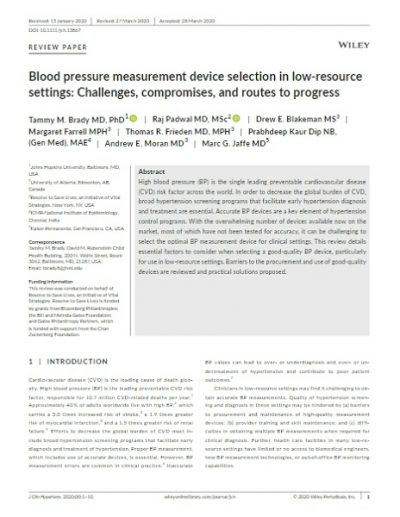 Journal article: "Blood pressure measurement device selection in low‐resource settings: Challenges, compromises, and routes to progress"