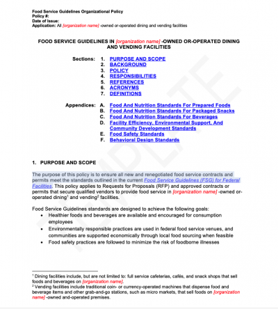 Food Service Guidelines Organizational Policy Template