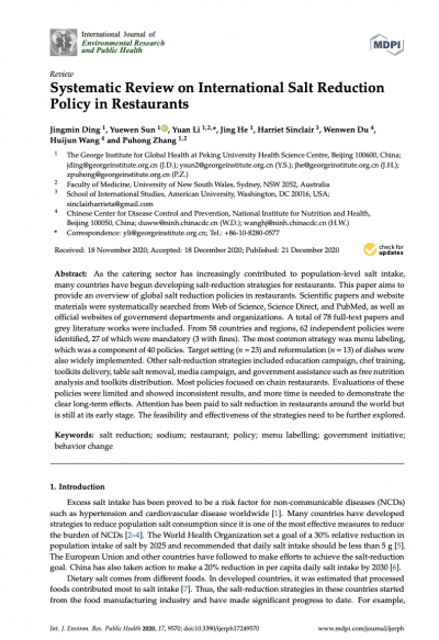 Systematic Review on International Salt Reduction Policy in Restaurants
